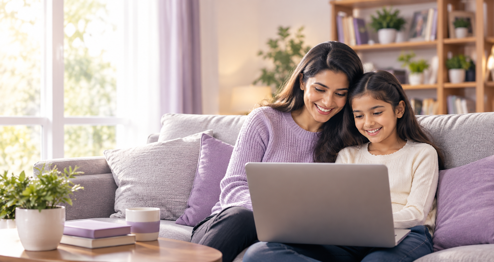 Parent and child exploring schools online